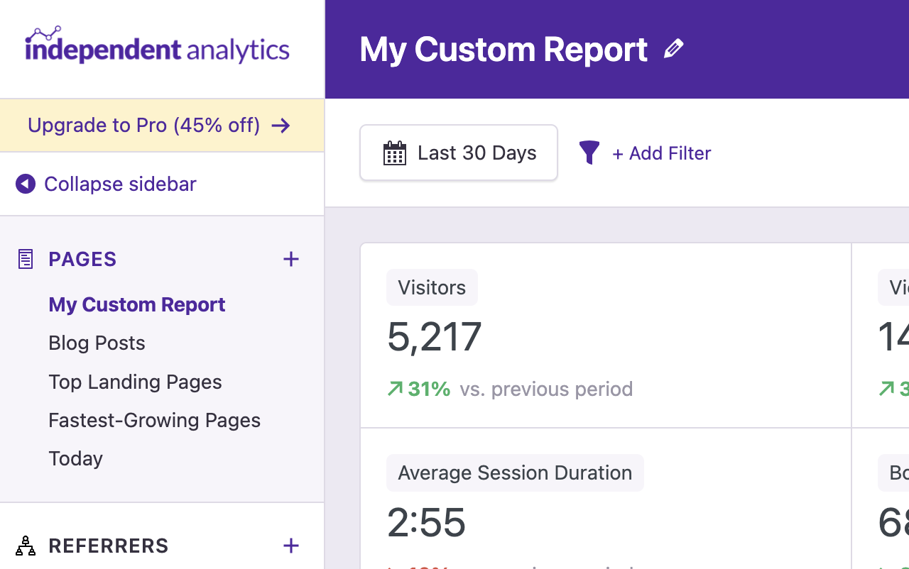 Customize your reports, then save them in the sidebar