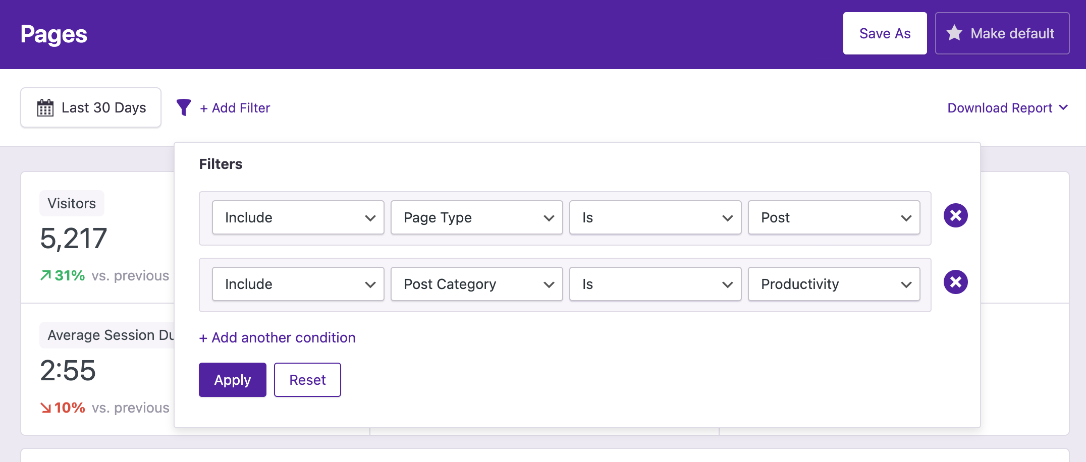 Filter your reports to analyze specific groups of pages