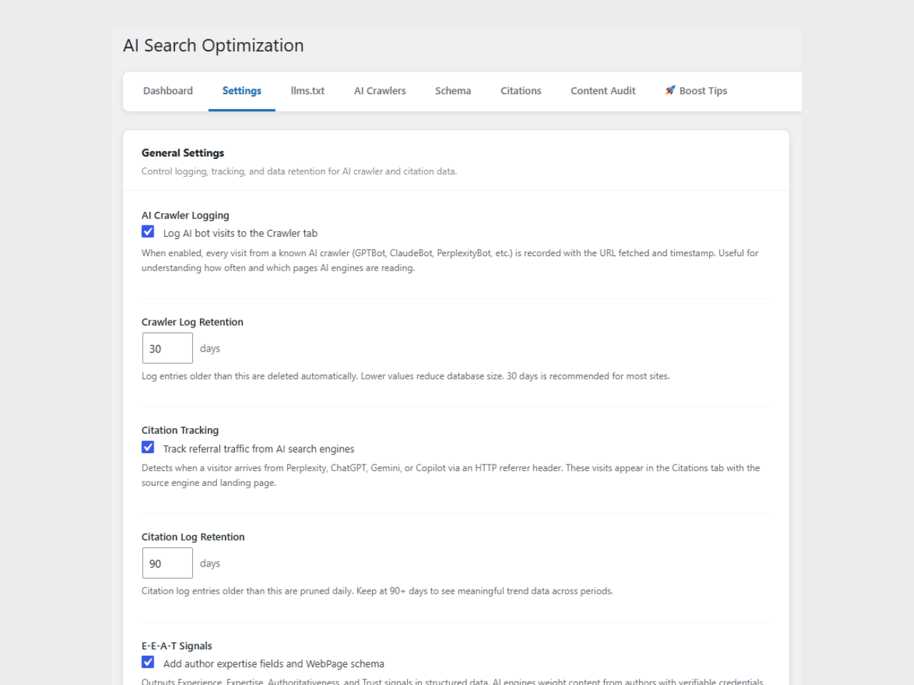 Main settings dashboard with feature overview.