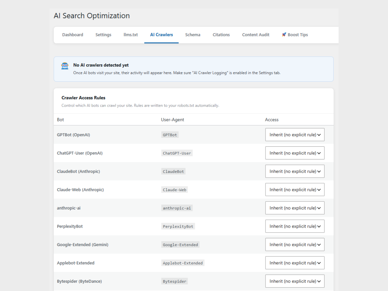AI Crawler log showing bot visits and user agents.