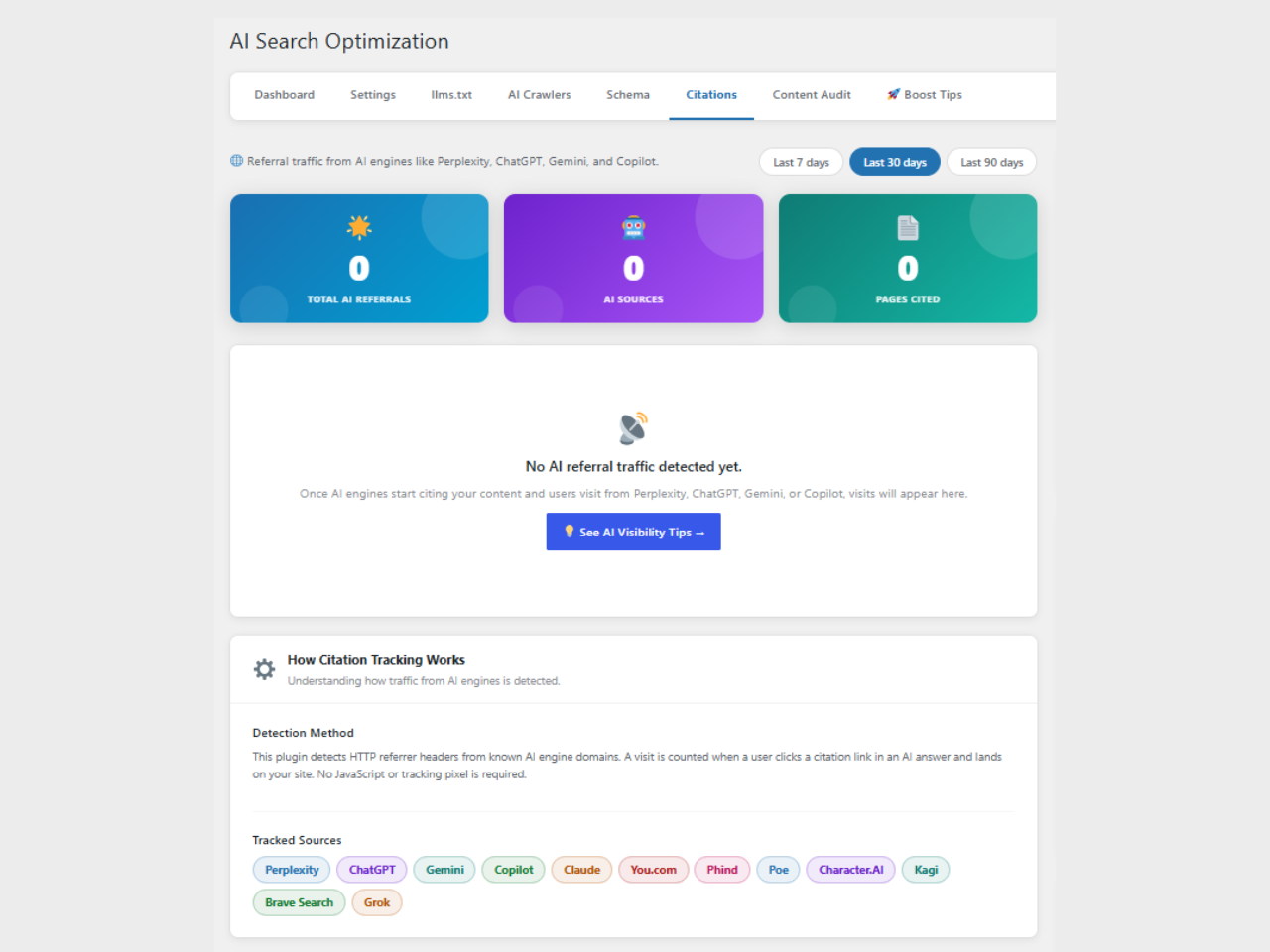 Citation monitor showing AI referral traffic by source.