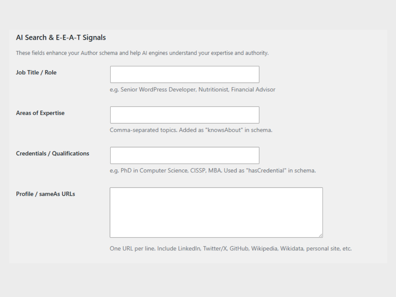 E-E-A-T author fields on the user profile page.