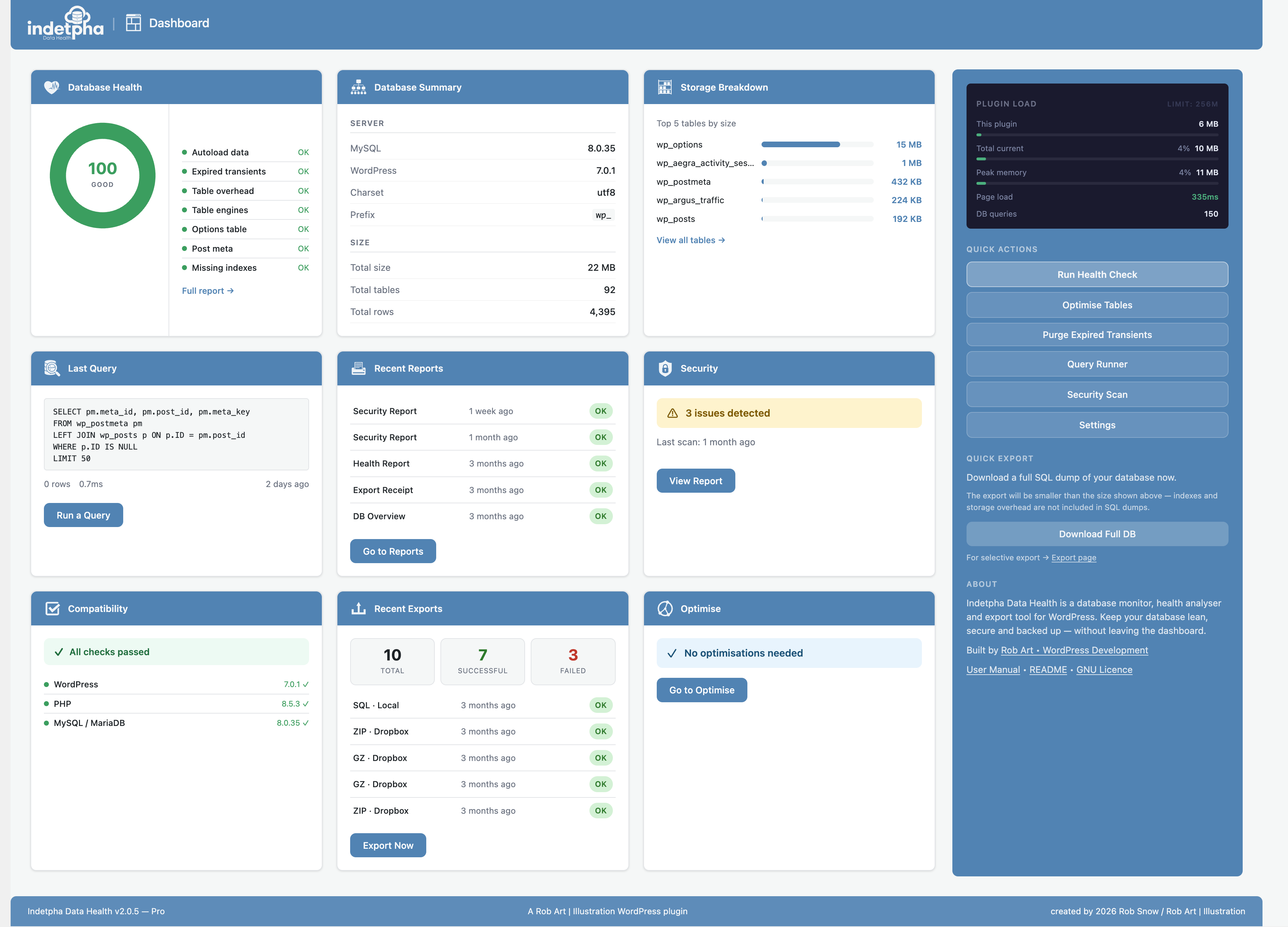Dashboard — recent exports, health summary, security score, and table count at a glance.