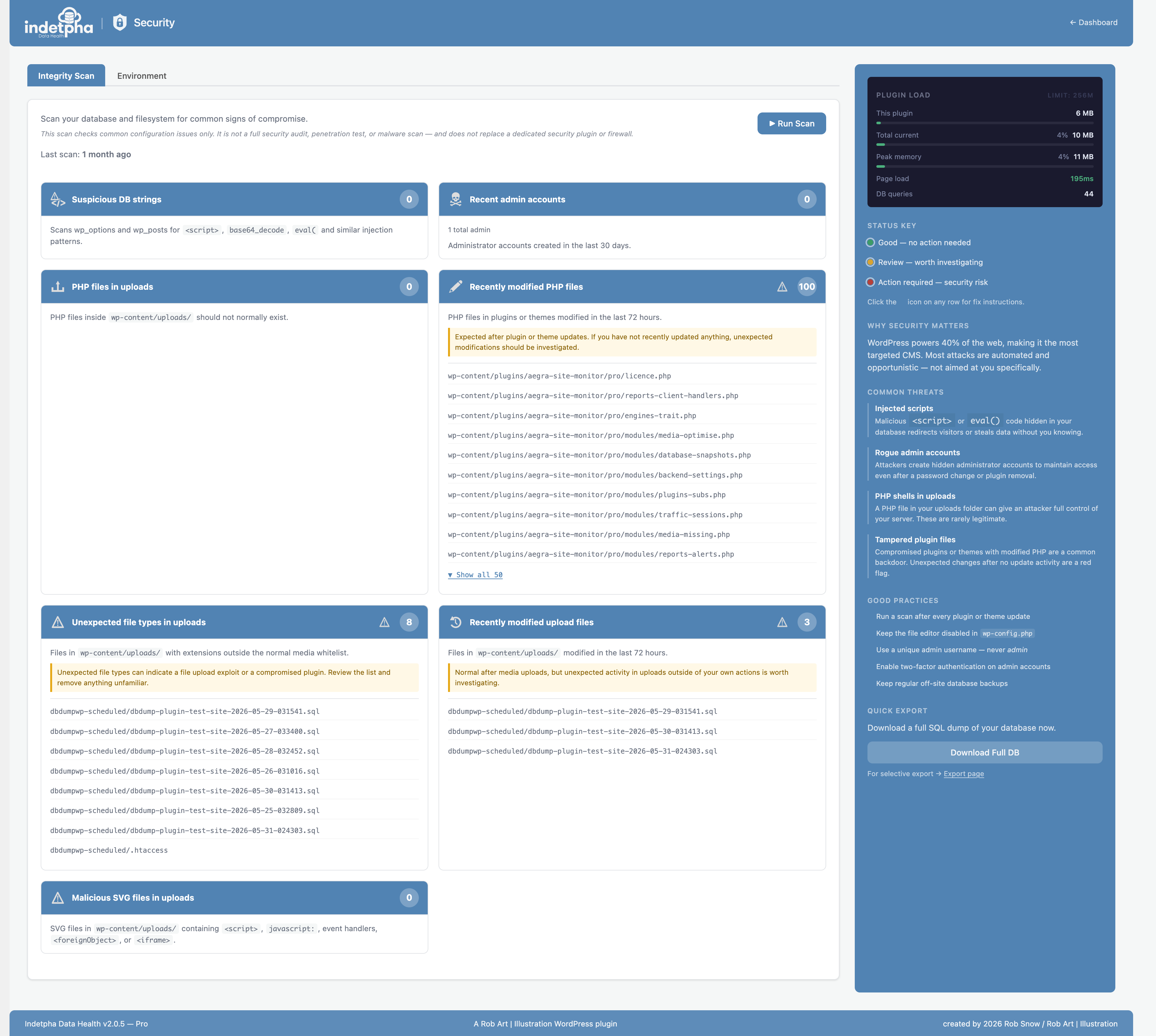 Security — 10-point environment scan with pass/fail indicators and fix guides.