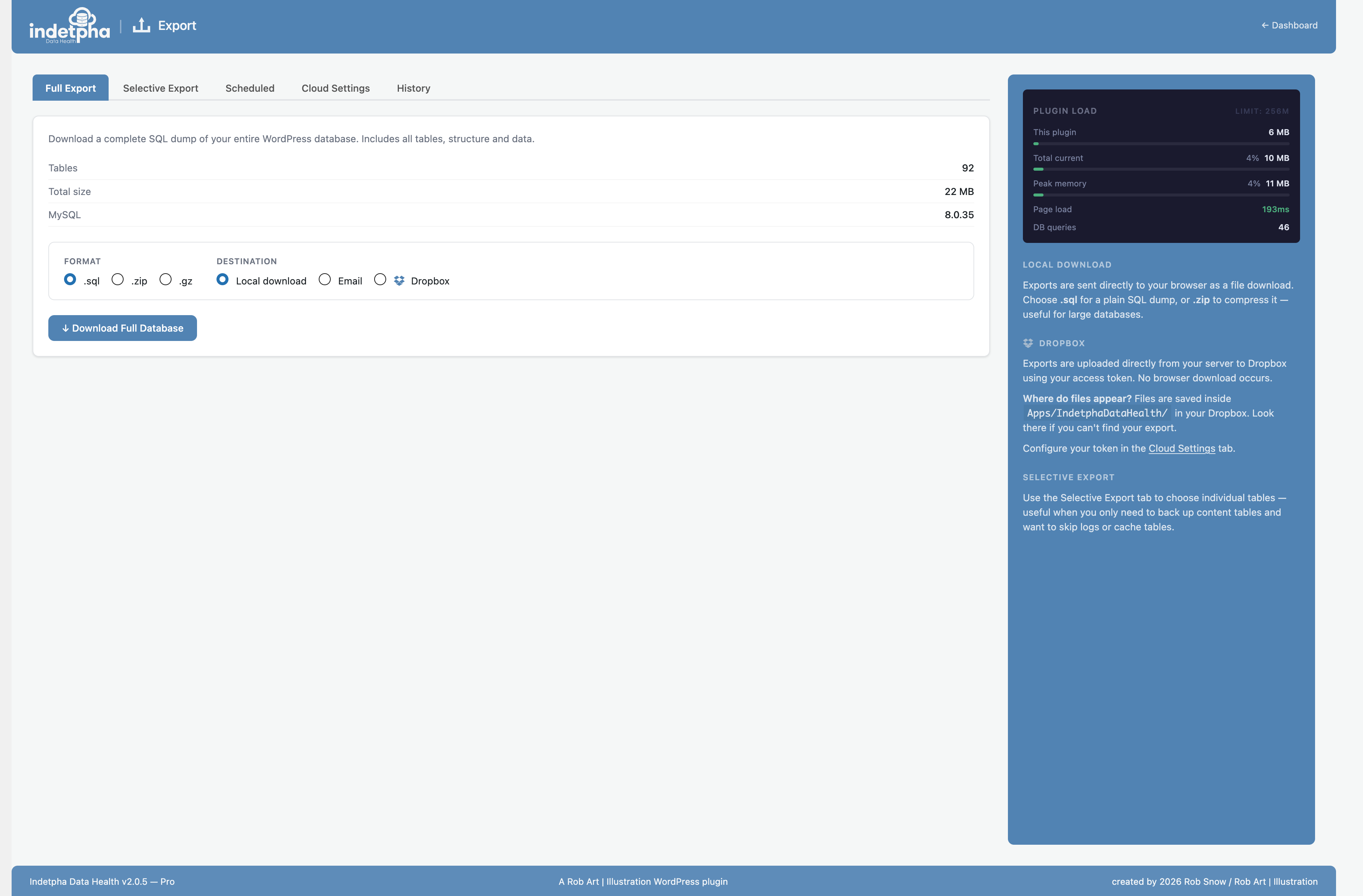 Export — format selection, scheduled export toggle, and export history log.