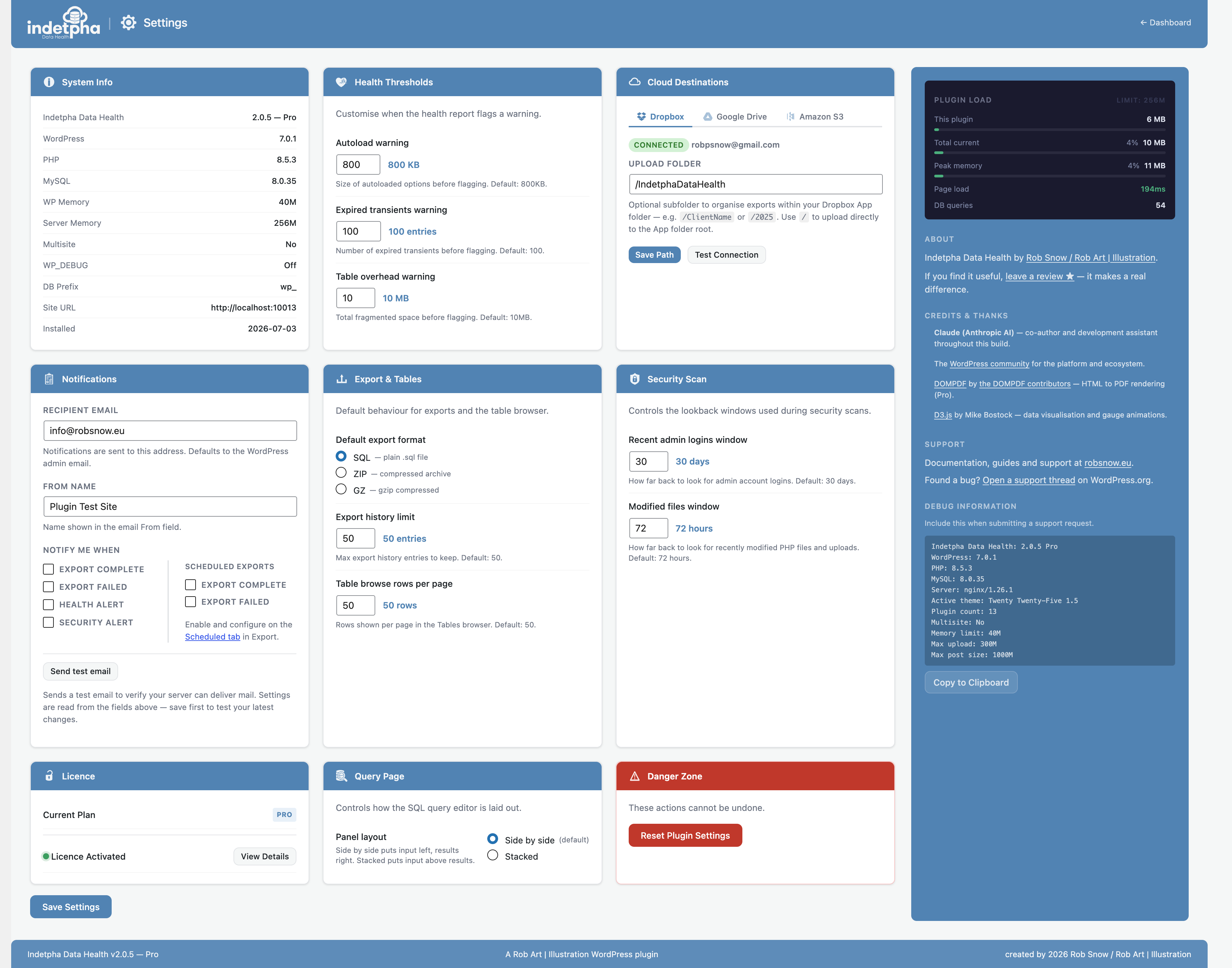 Settings — health thresholds with live preview, export defaults, and licence management.