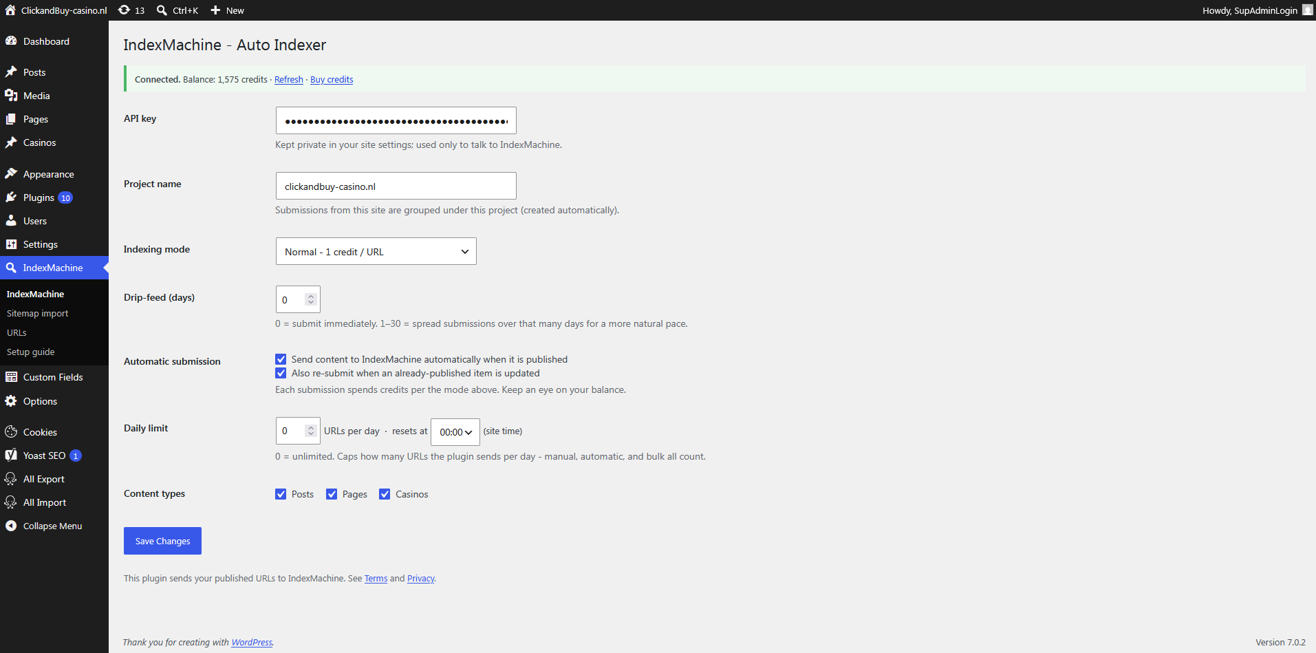 Settings: paste your API key and your live credit balance appears. Pick the indexing mode, an optional drip-feed window, automatic submission, a daily cap, and which content types are eligible.
