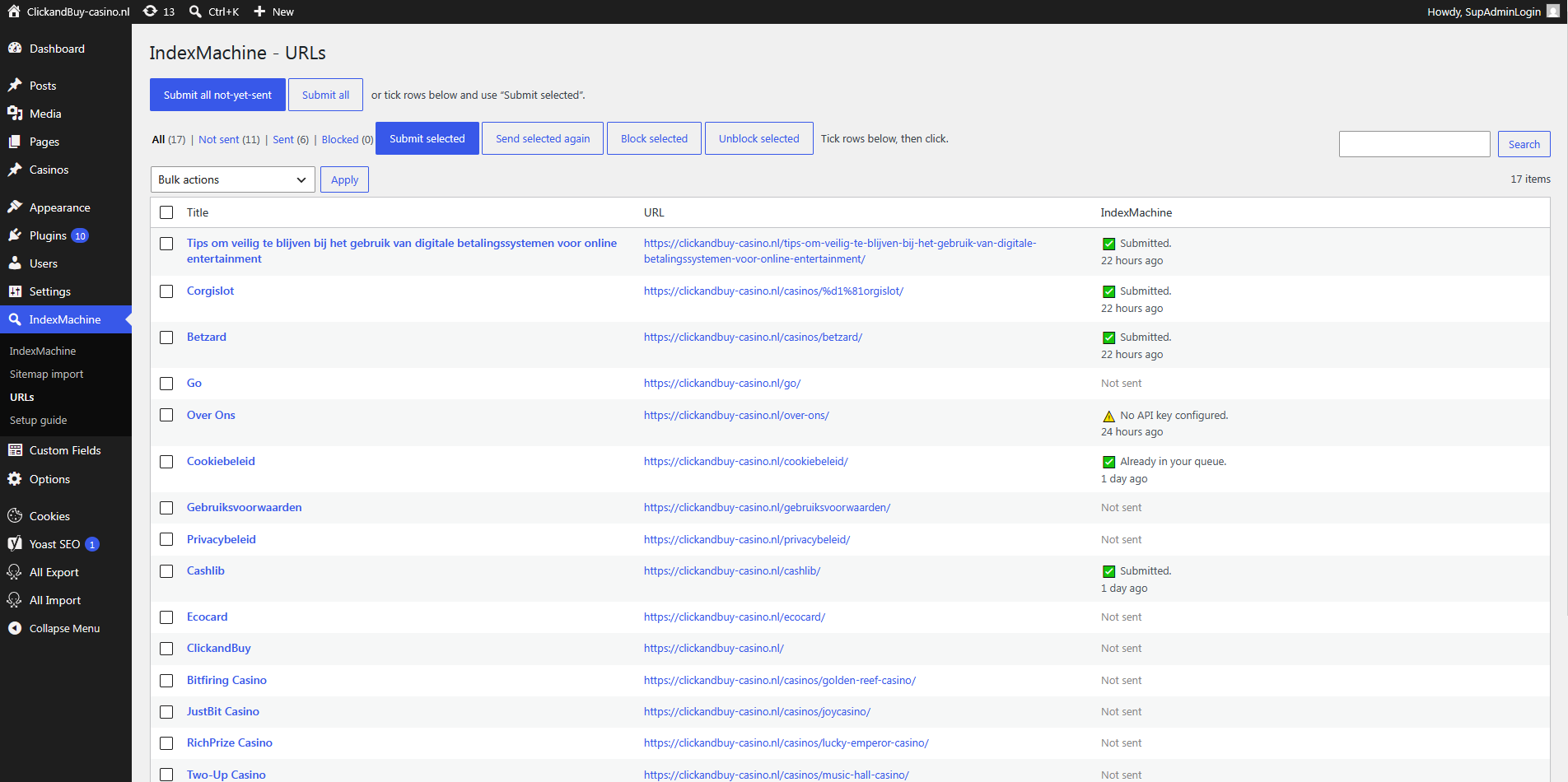 The URLs screen: filter by All / Not sent / Sent / Blocked, tick rows, and submit them - or send already-sent URLs again for another crawl round.