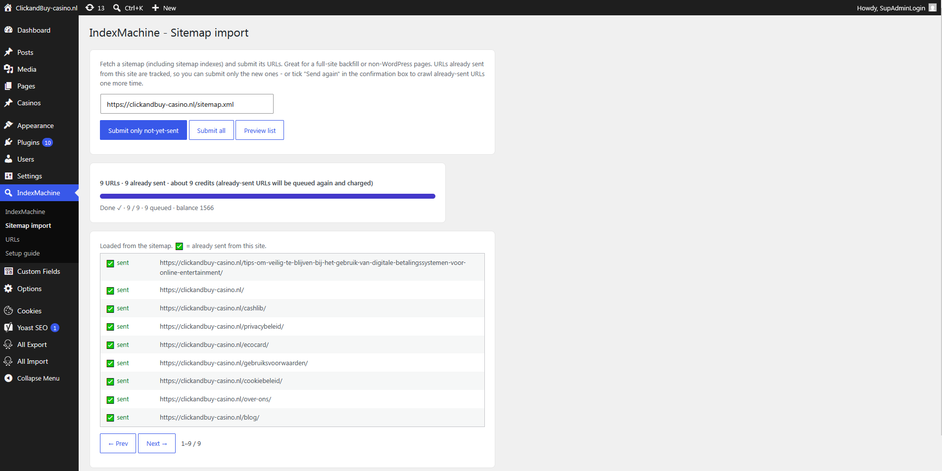 Sitemap import: fetch a sitemap (including sitemap indexes), see which URLs were already sent and what the run will cost in credits, then watch it run.
