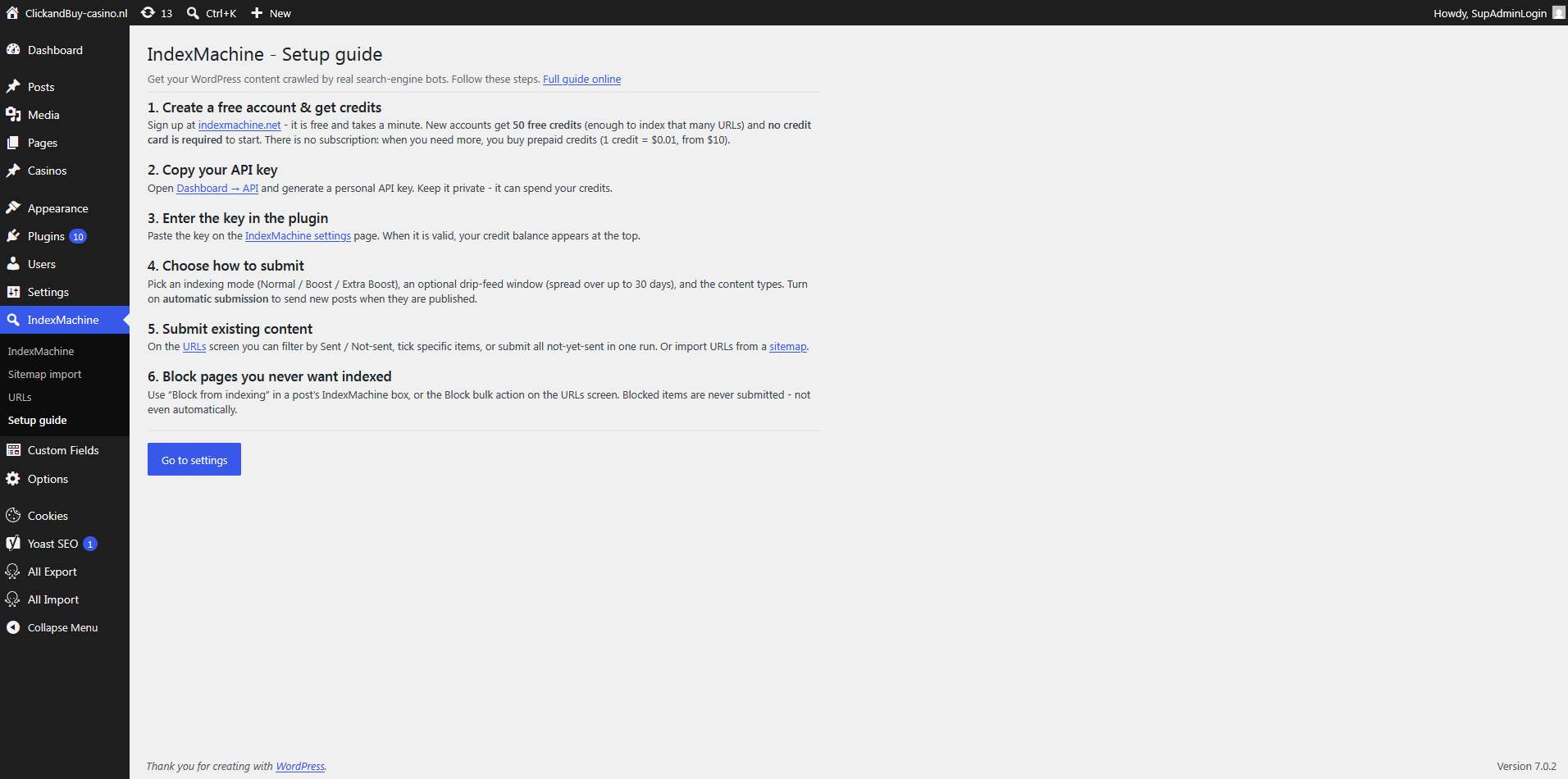 The built-in Setup guide walks you through the account, the API key, and the submission settings.