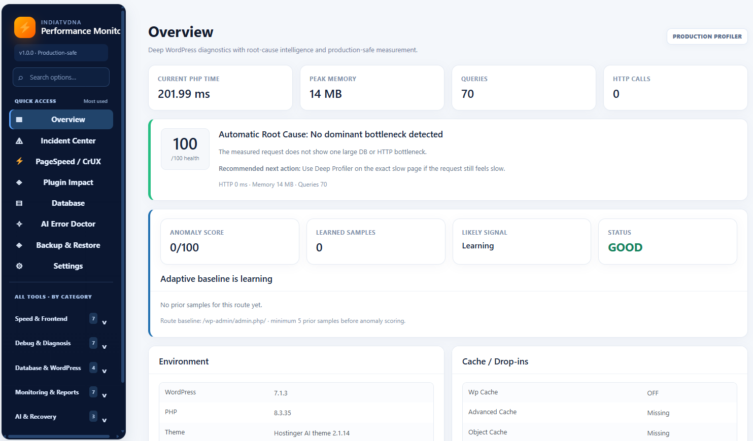 Performance Monitor overview showing request metrics, site health, and baseline status.