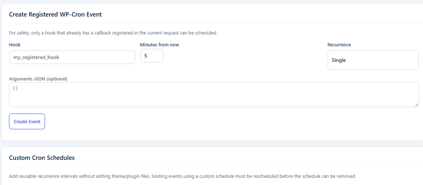 Close-up of WordPress Cron event setup and registered-hook scheduling options.