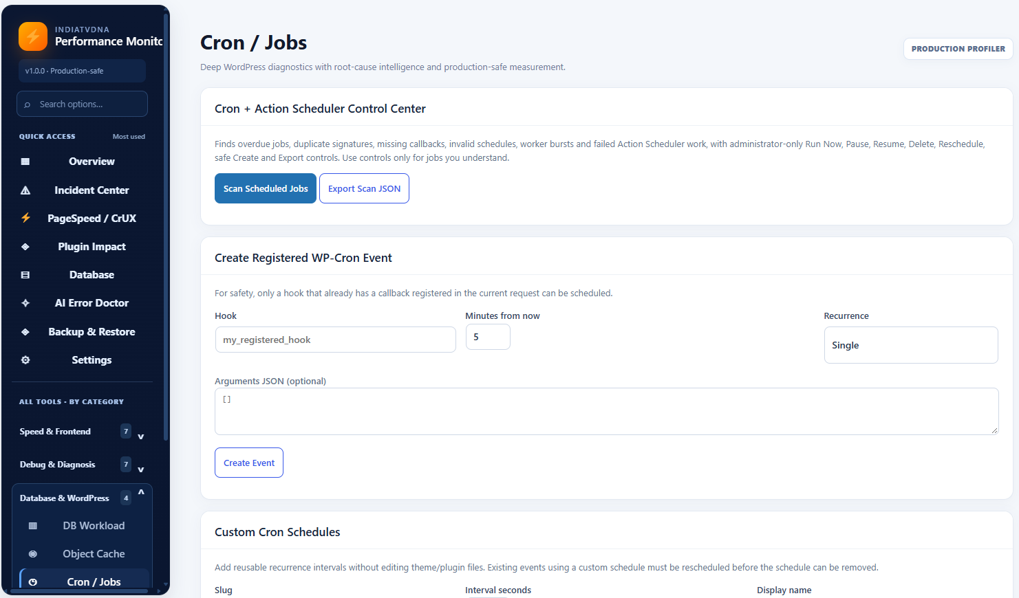 Cron and scheduled-job diagnostics, including registered task checks and safe administrator tools.