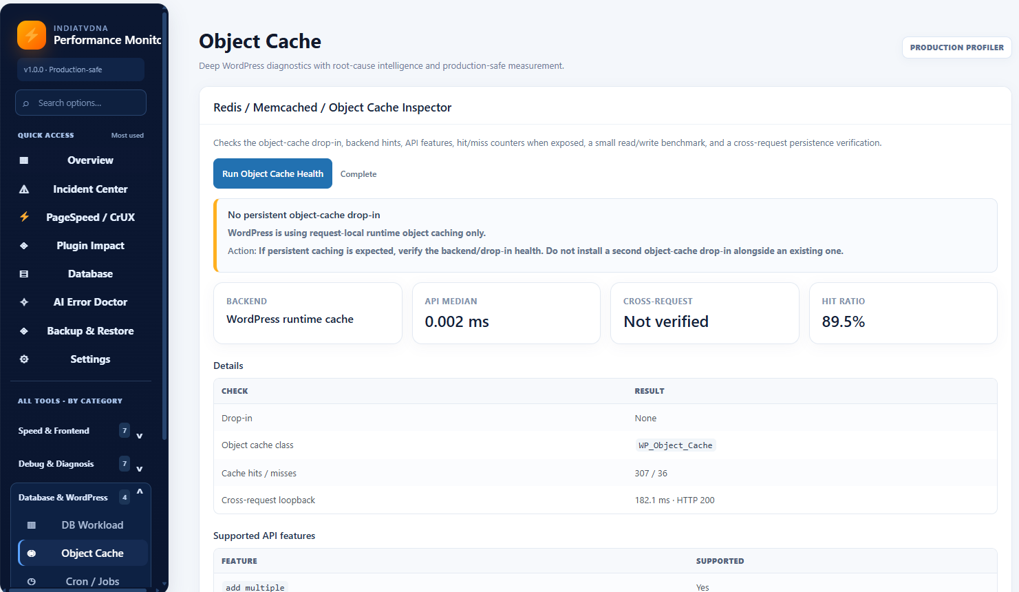 Object Cache Inspector showing backend availability, runtime caching, and health evidence.
