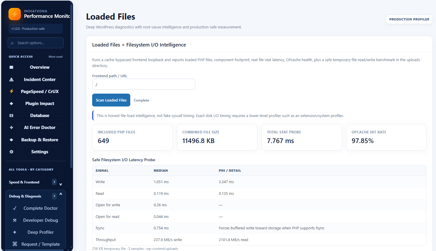 Loaded Files and filesystem intelligence with PHP file counts, OPcache details, and sampled I/O measurements.
