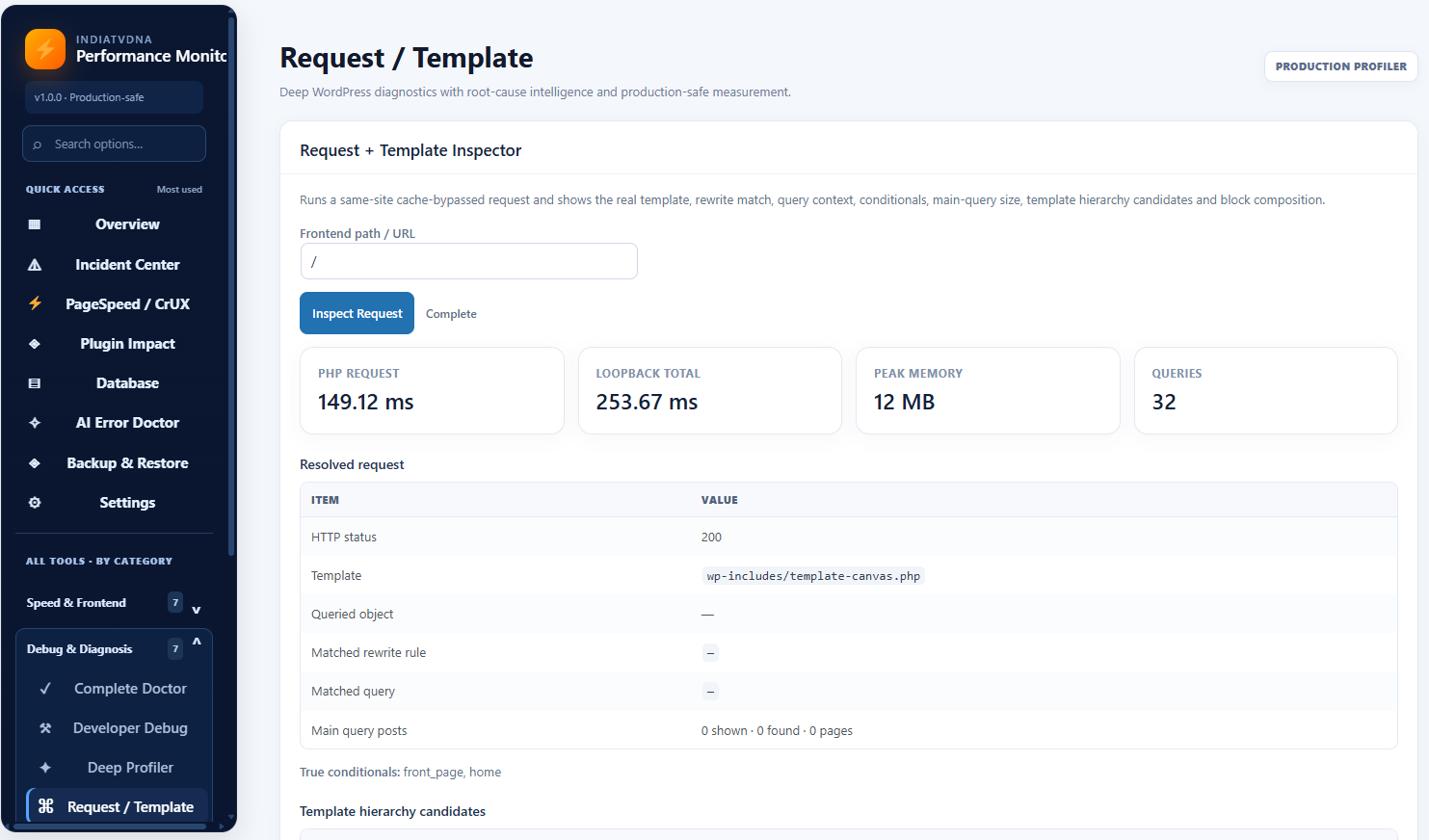 Request and Template Inspector showing the resolved WordPress request, template context, and timings.