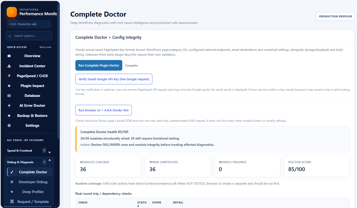 Complete Doctor displaying configuration checks, module readiness, and diagnostic coverage notes.