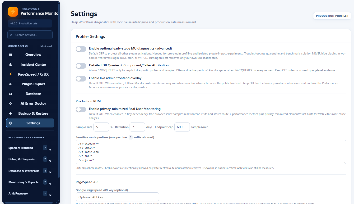 Settings for opt-in performance diagnostics, real-user monitoring, and privacy-aware configuration.