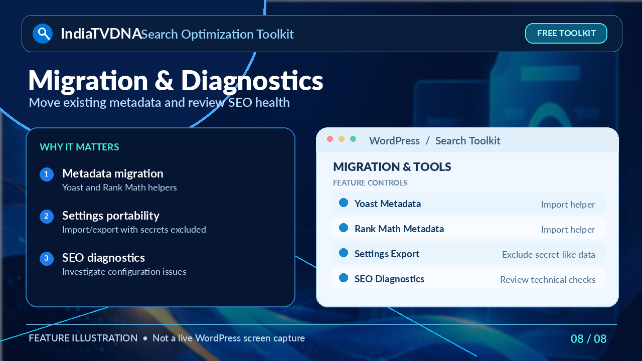 Illustrated overview of metadata migration, diagnostics and settings import/export.