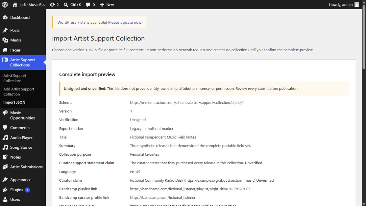 Inspect normalized fields and explicit unverified-claim warnings before confirming an unpublished draft.
