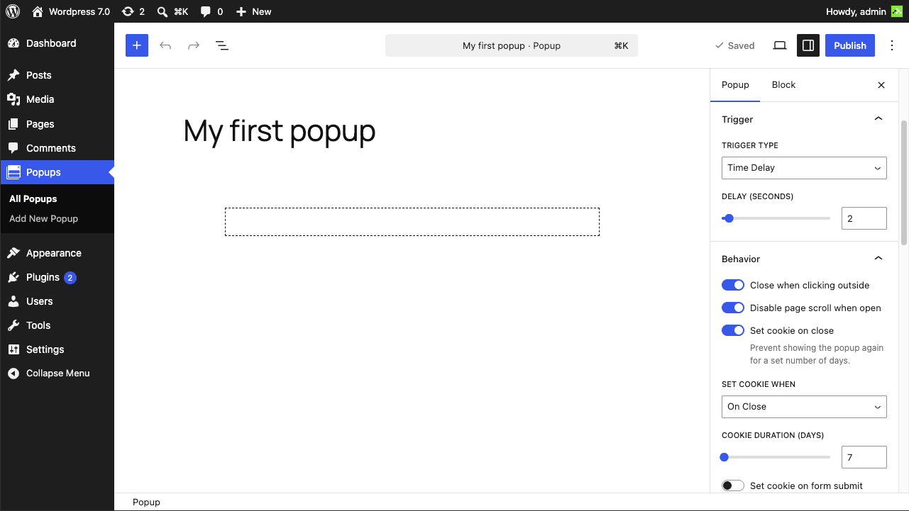 Create popups using the familiar Gutenberg block editor