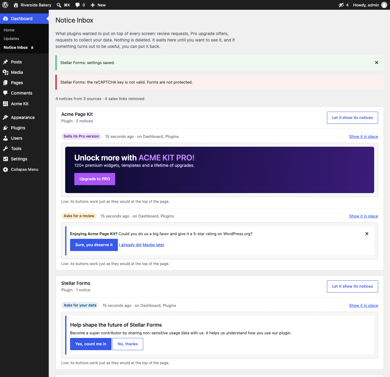 The inbox: hidden notices grouped by plugin, with a live preview of each one.