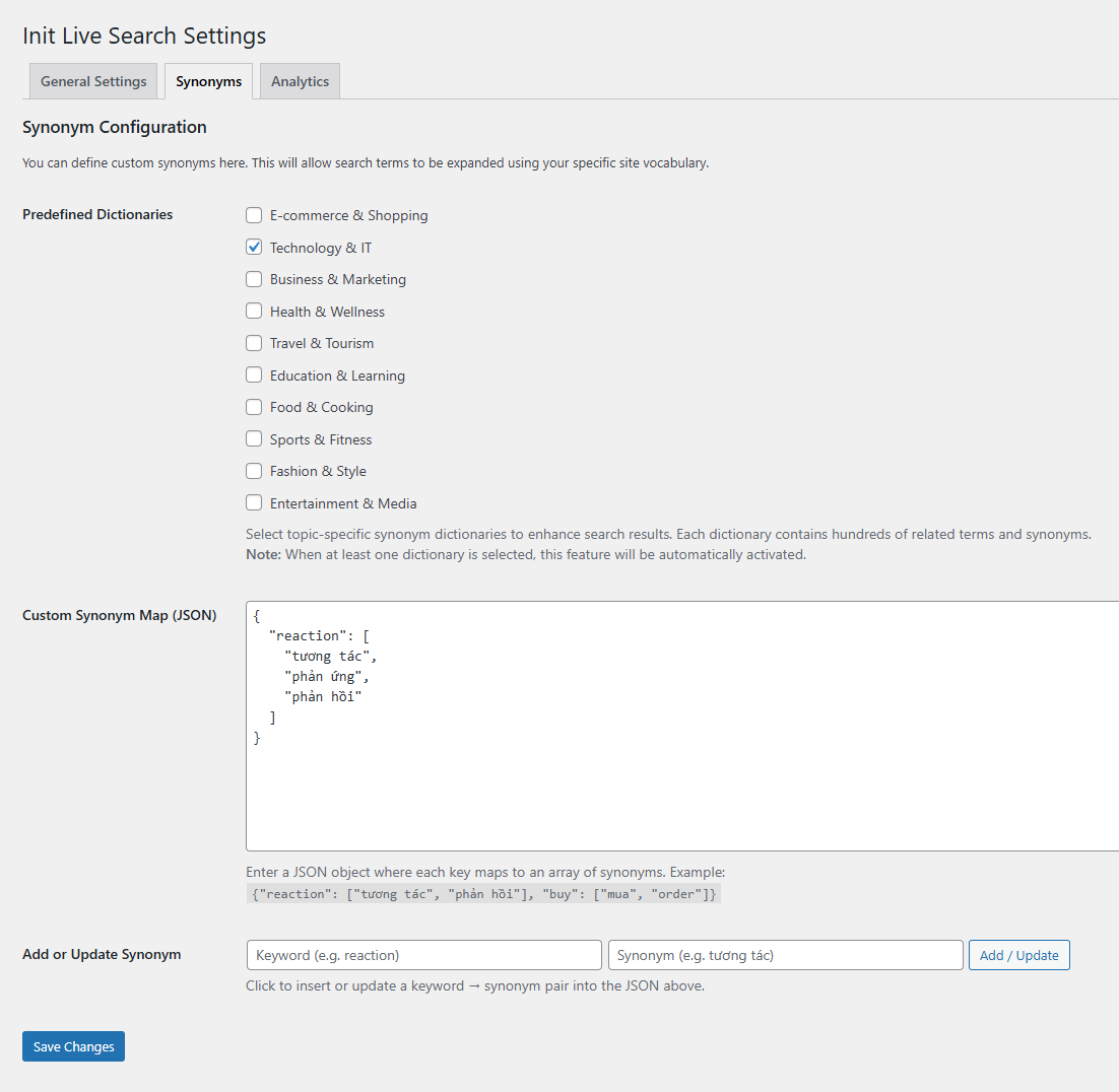 Synonym Configuration: define and auto-expand keyword mappings