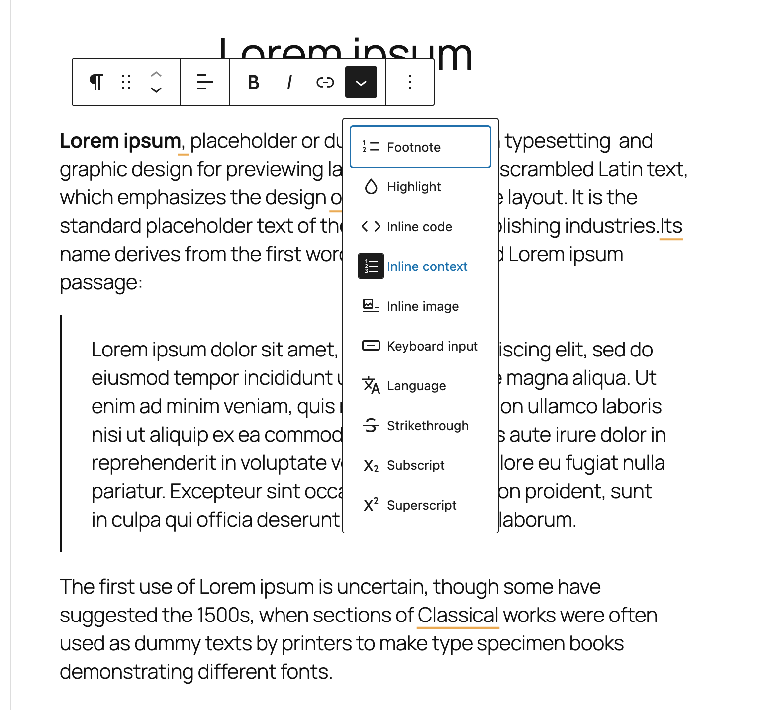 Editor popover for adding inline context with category selection