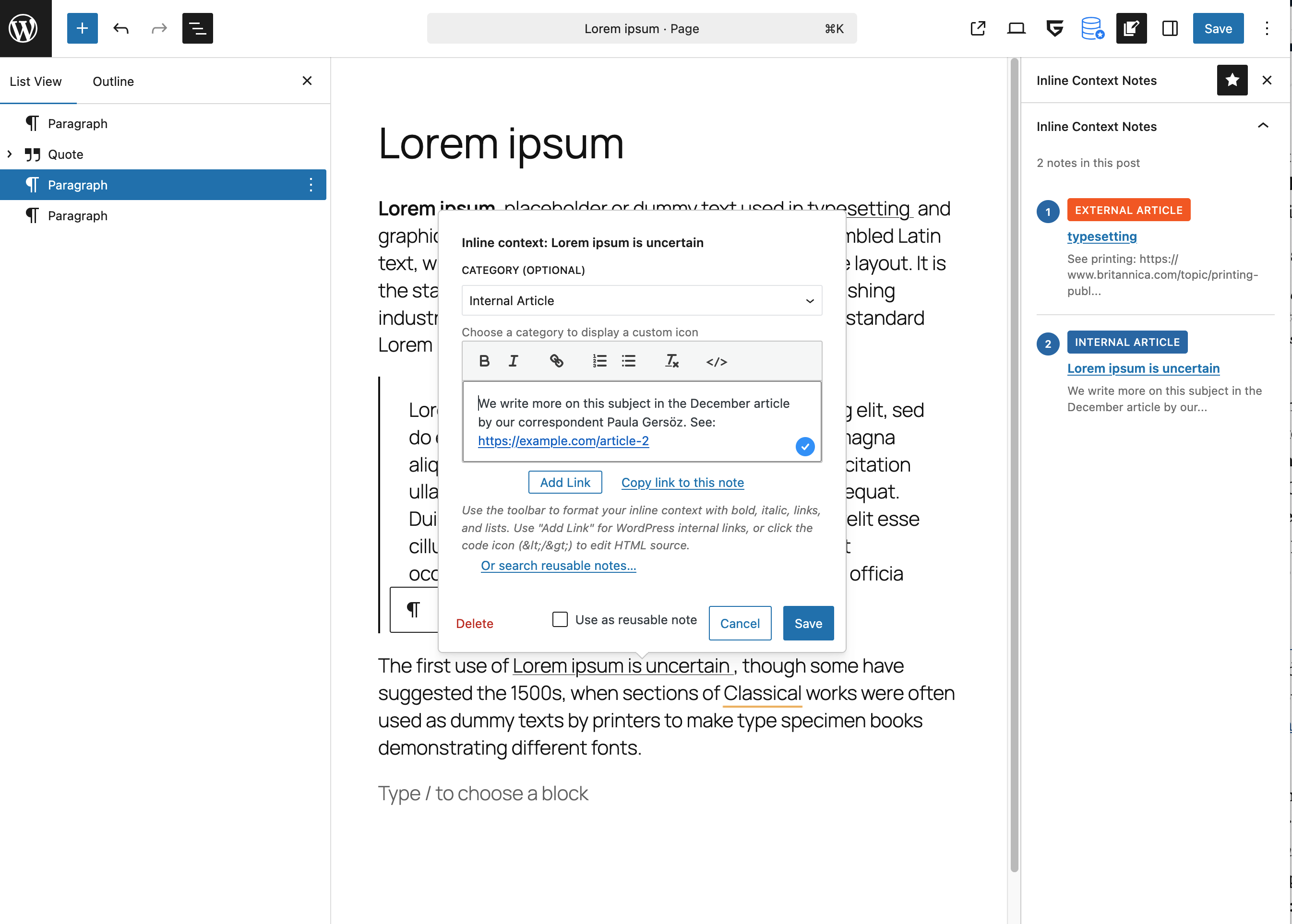 Modal window for writing an inline context note