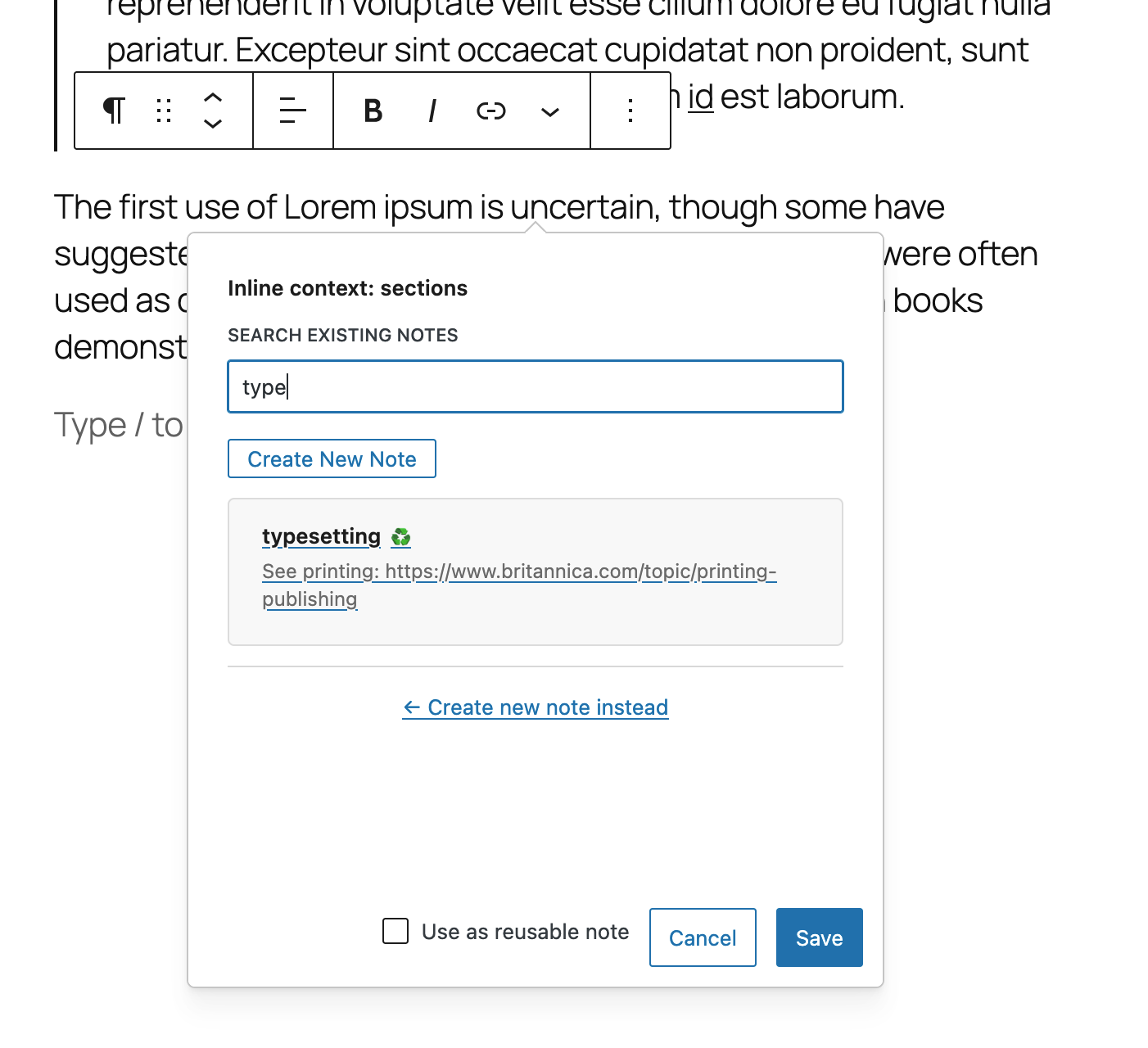 Search interface for inserting reusable notes