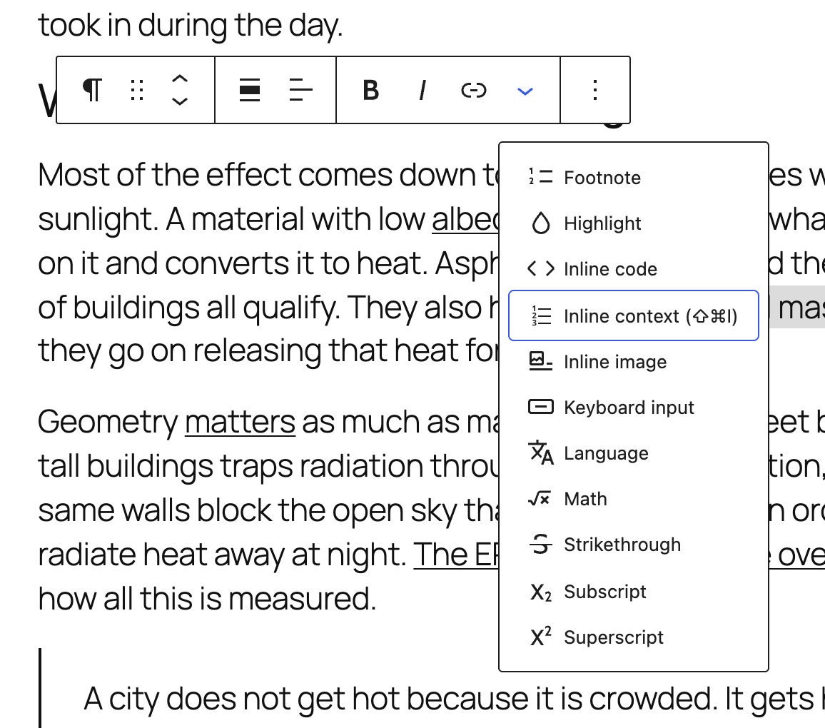 Add a note from the block editor toolbar, or press Cmd+Shift+I on a selection.