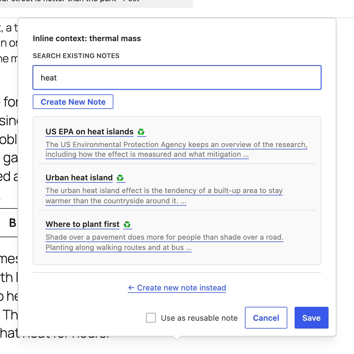 Search your existing notes and reuse one instead of retyping it.