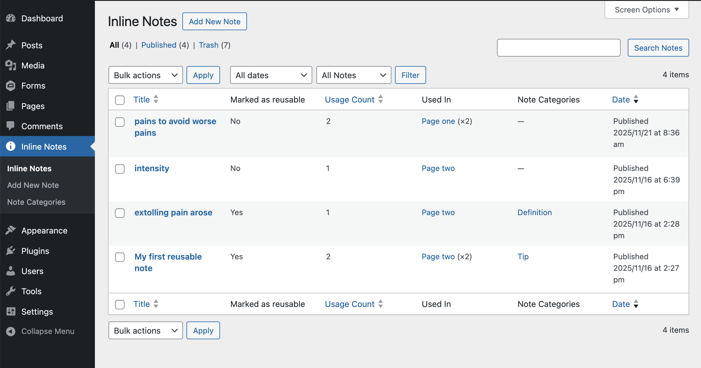 Notes Library in the admin area showing usage count and linked posts