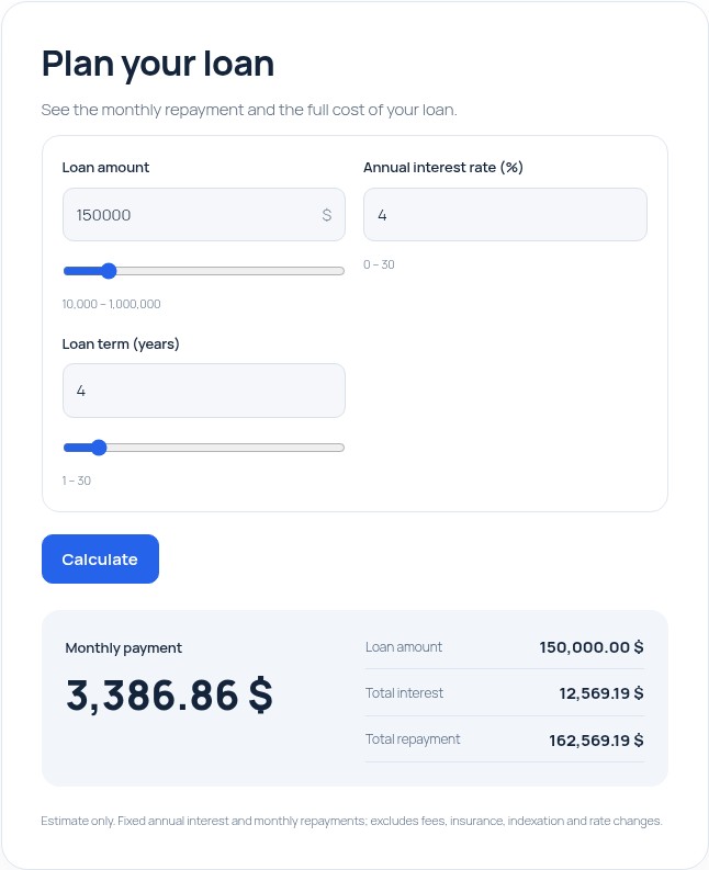 Instant monthly payment, total interest and total repayment, with number fields and sliders.