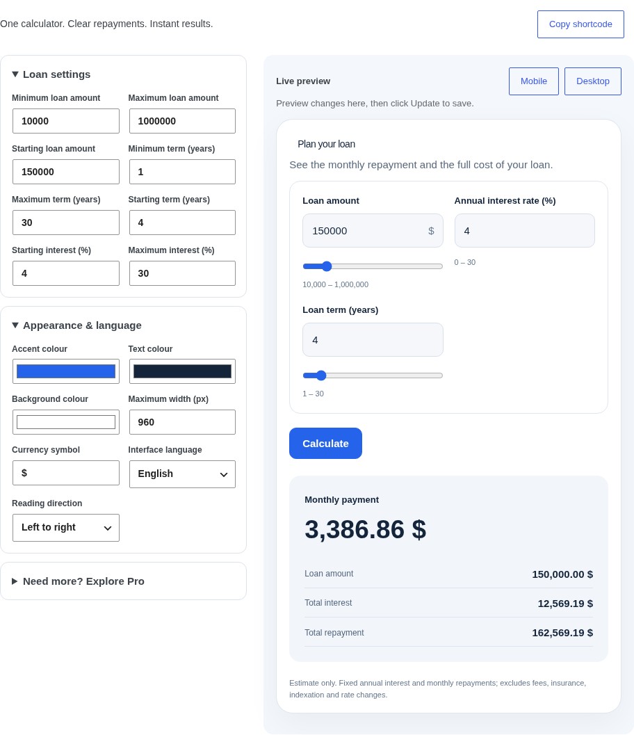 The redesigned calculator editor and live preview.