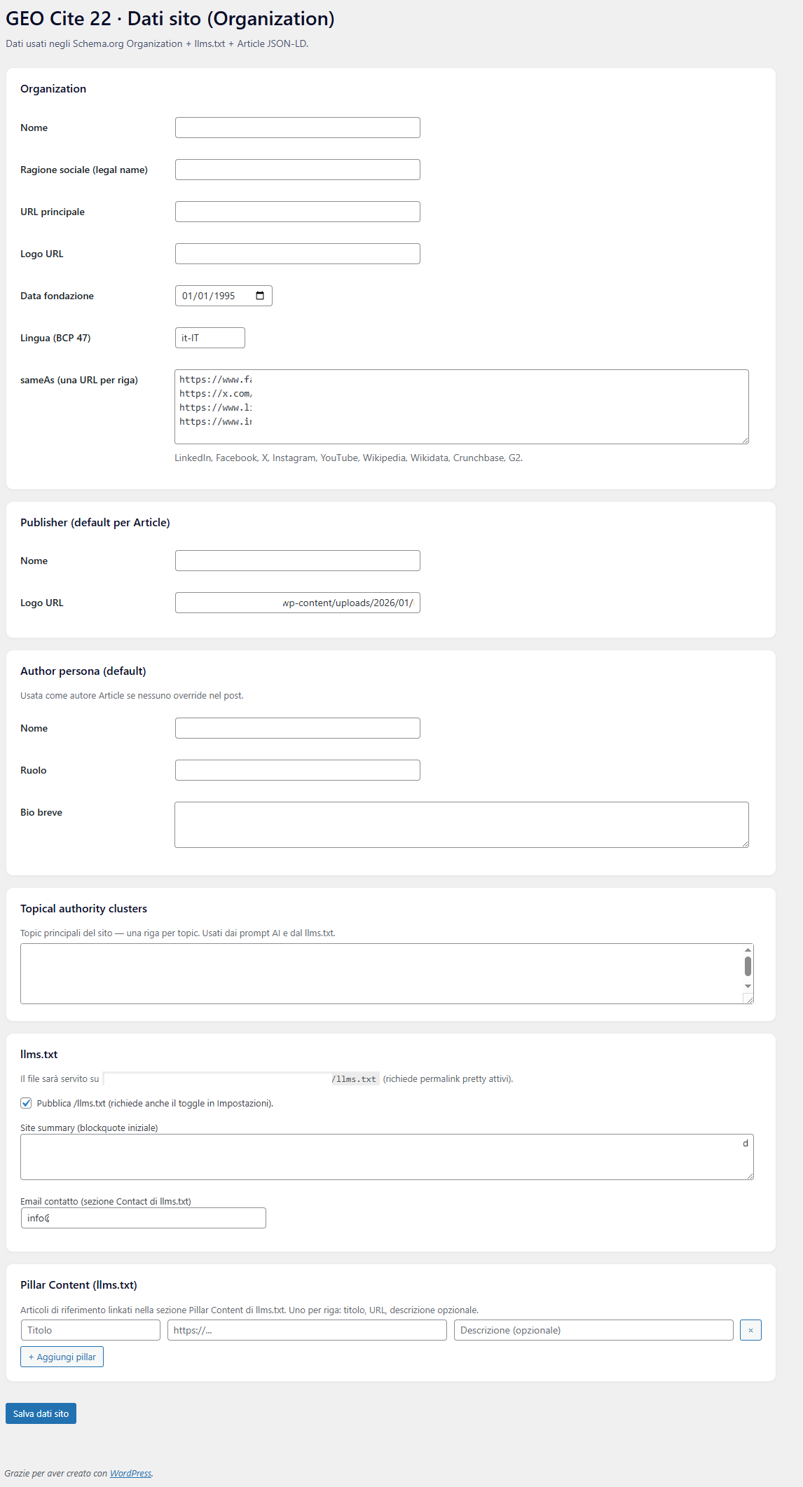 Organization data page.