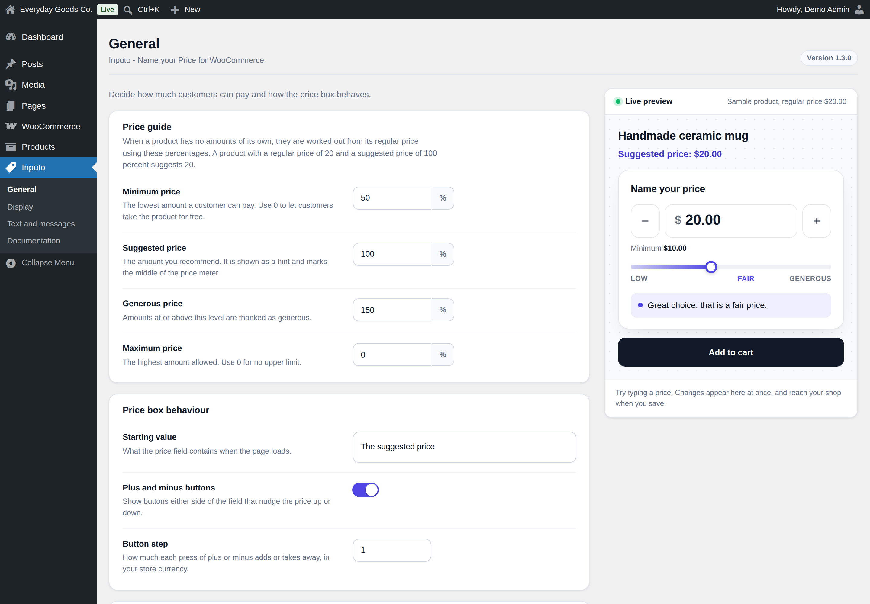 The percentages in Price guide are used for every product that has no amounts of its own. The preview on the right updates as you type.