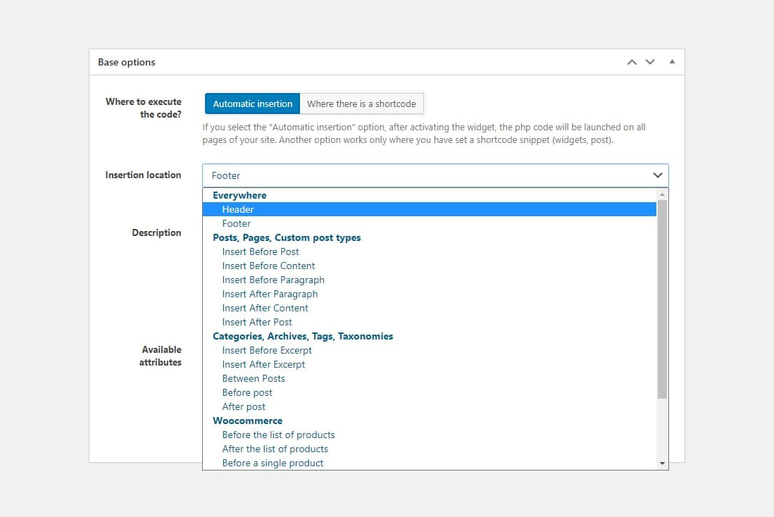 Setting up automatic placement of snippets