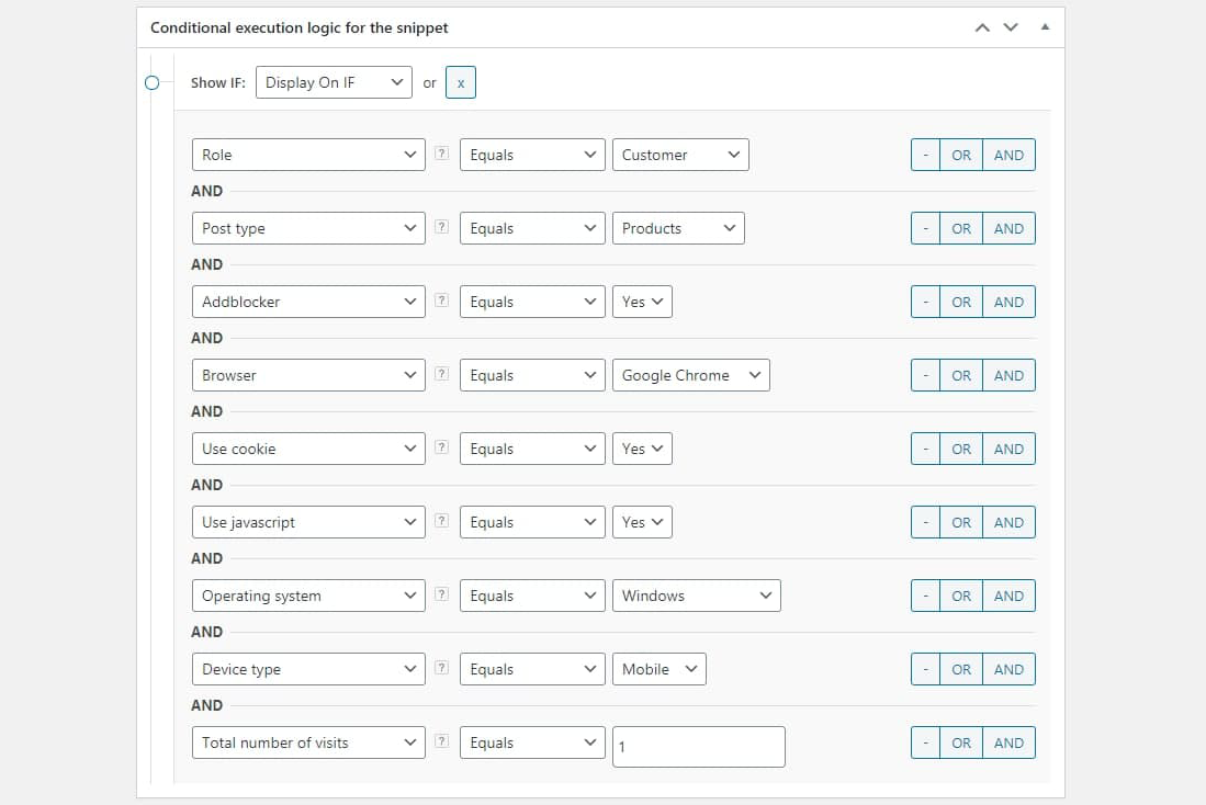 Setting conditional logic to display a snippet