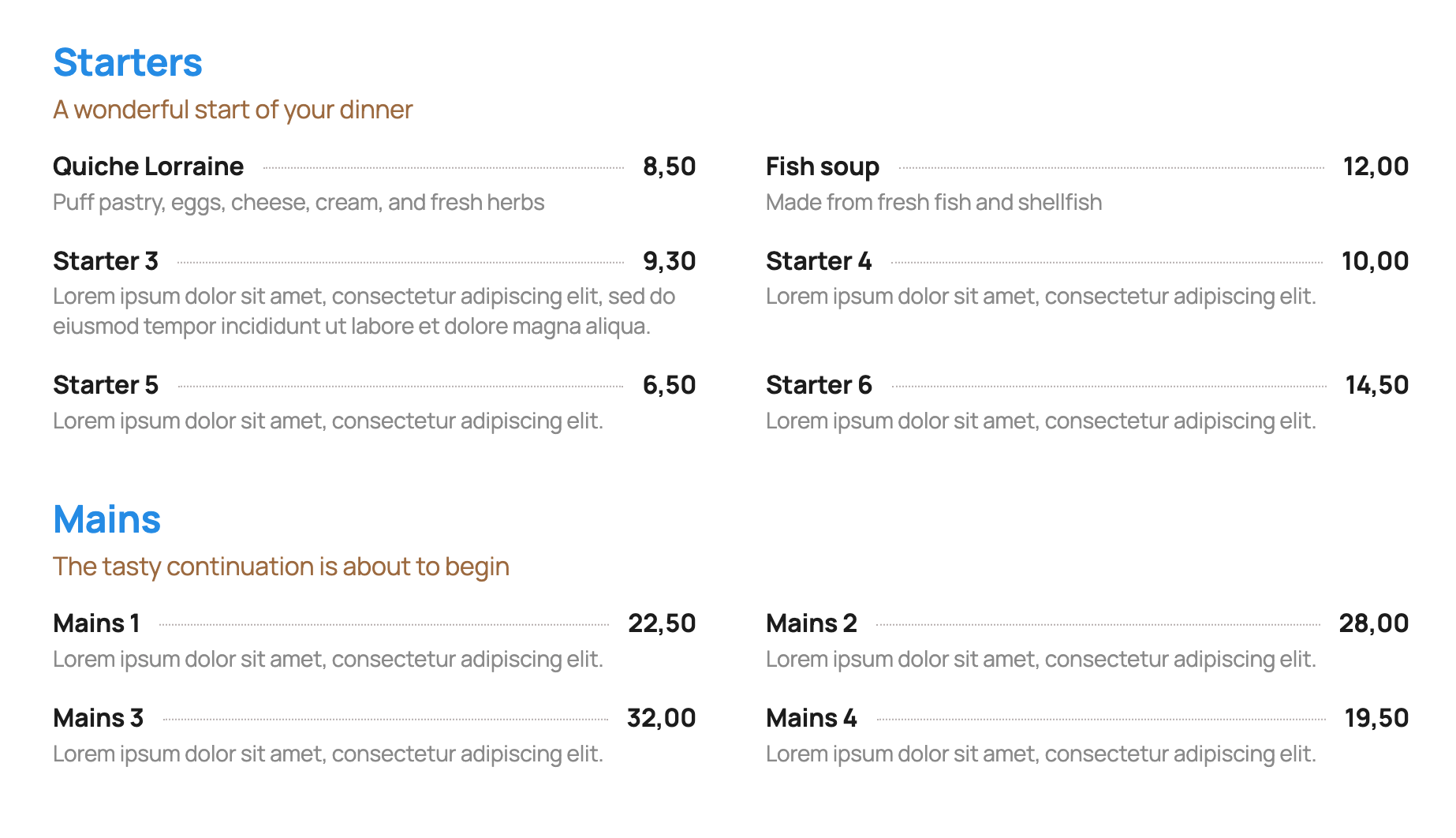 Frontend pricelist two columns
