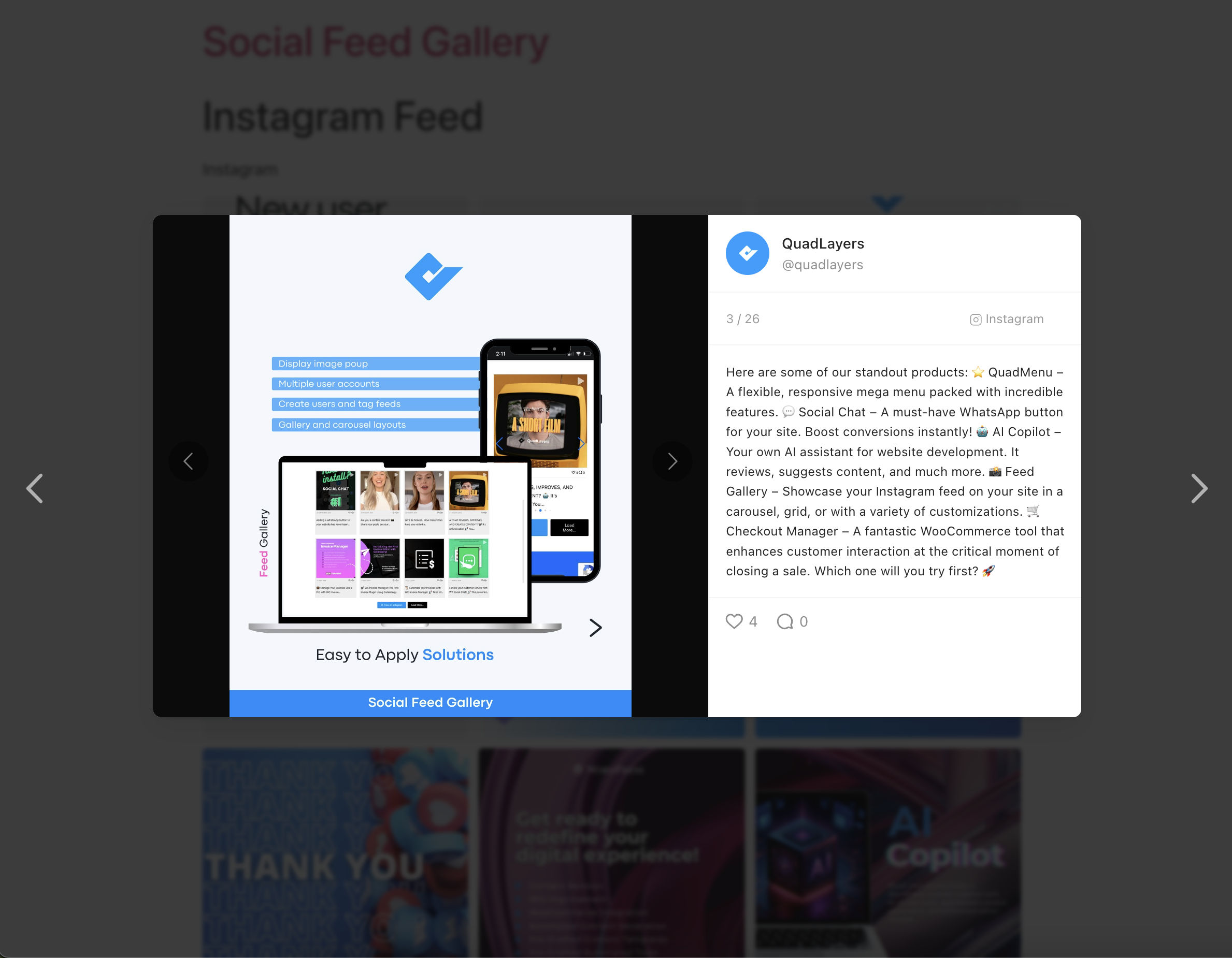 Instagram Feed – <strong>Feed item modal</strong> with likes, comments and navigation arrows