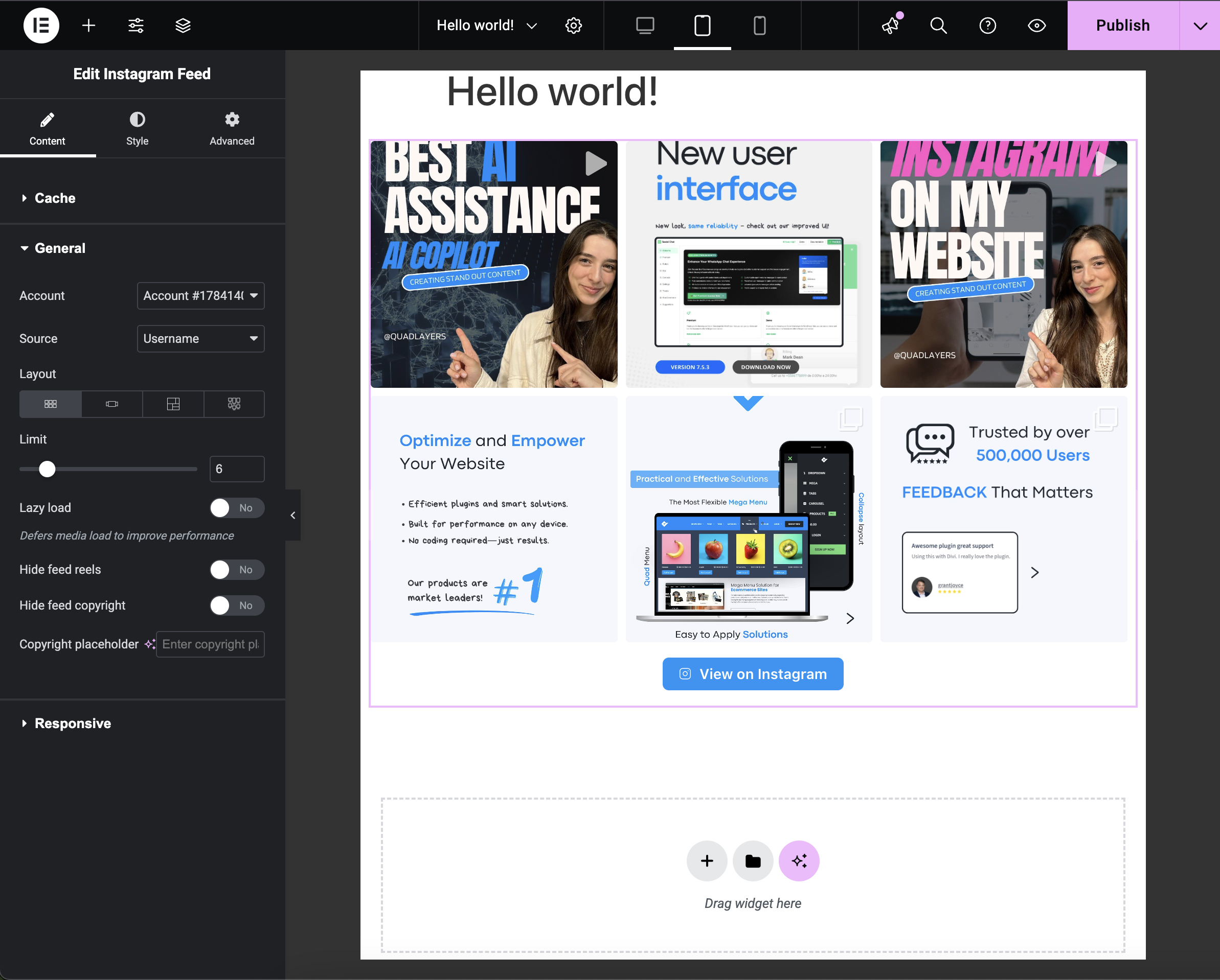Instagram Feed – <strong>Elementor widget</strong> (drag-and-drop) displaying an Instagram feed