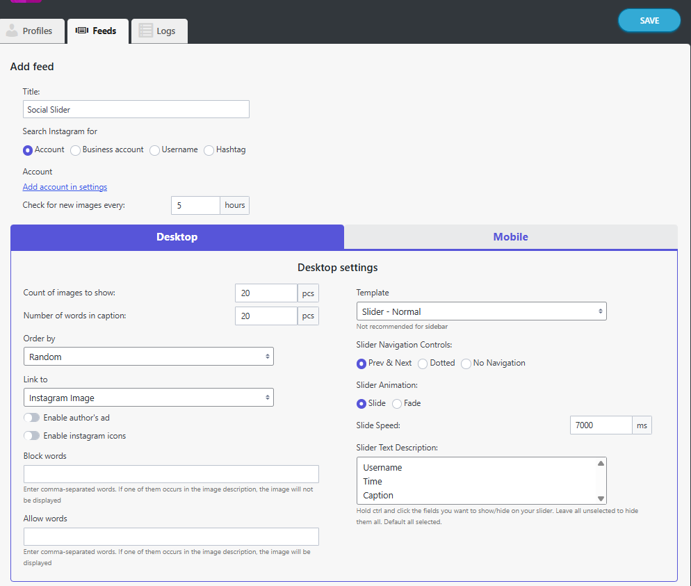 Instagram feed settings