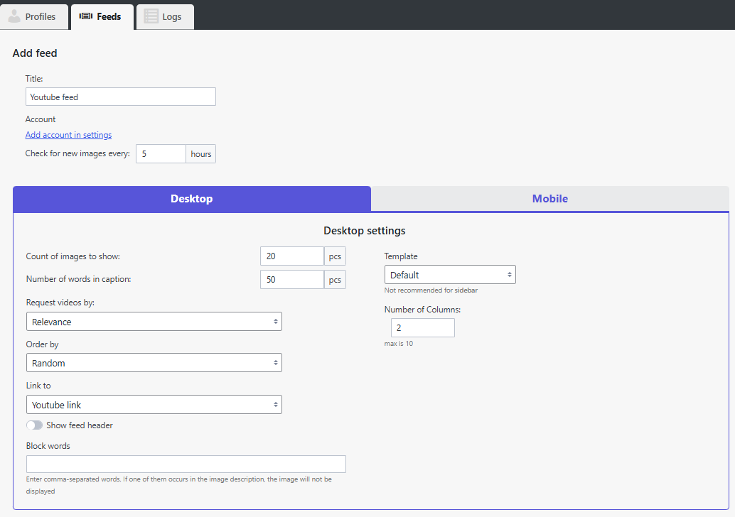 YouTube feed settings
