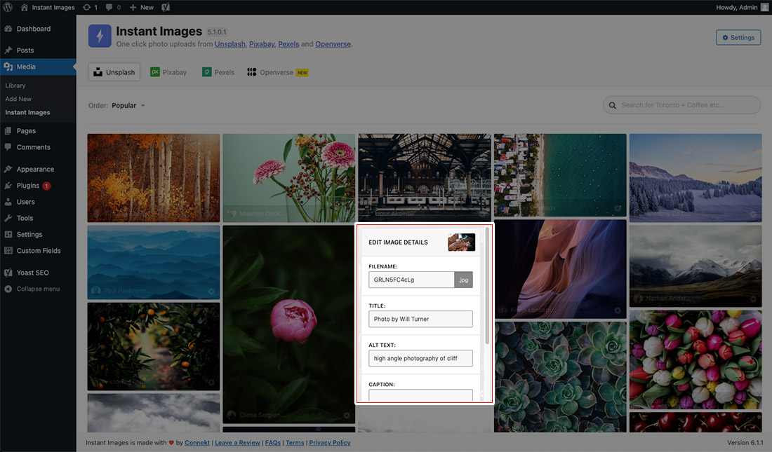 Instant Images – One Click Image Uploads from Unsplash, Openverse, Pixabay and Pexels Screenshot
