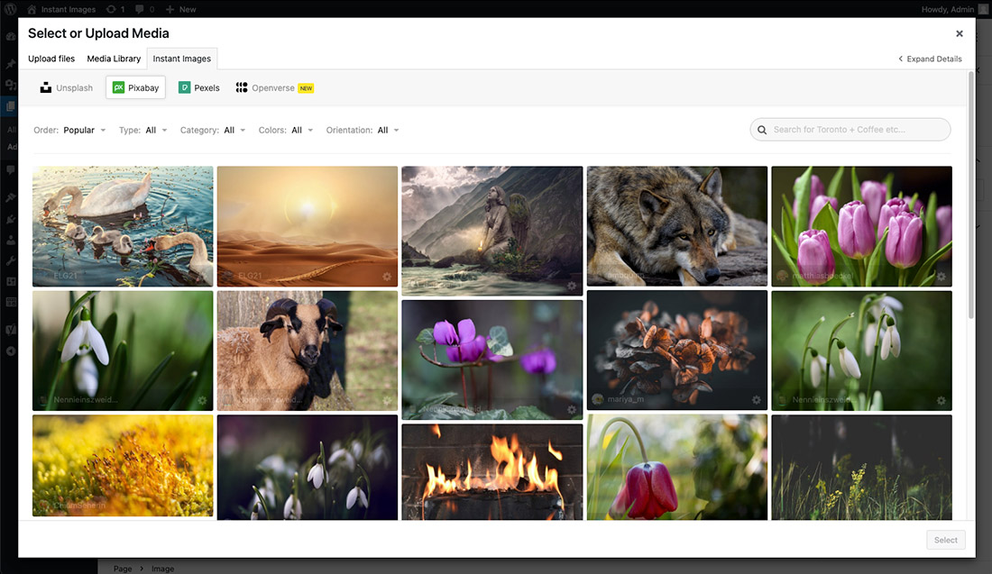 Instant Images is available in the WordPress media modal as a custom tab. It is available in front end page builder like Elementor, Beaver Builder and Divi.