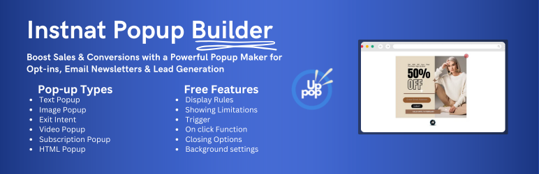 WordPress 外掛 Instant Popup Builder – Boost Sales & Conversions with a Powerful Popup Maker for Opt-ins, Email Newsletters & Lead Generation 的封面圖片。