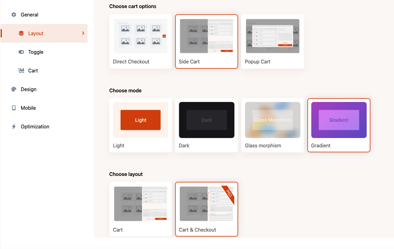 Layout and settings panel - Organised and Optimised Control.