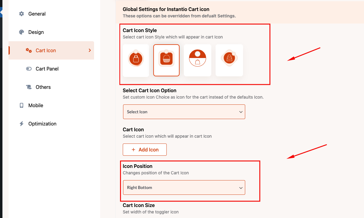 Cart icon selection - You can set different cart Toggle styles and Cart positions.