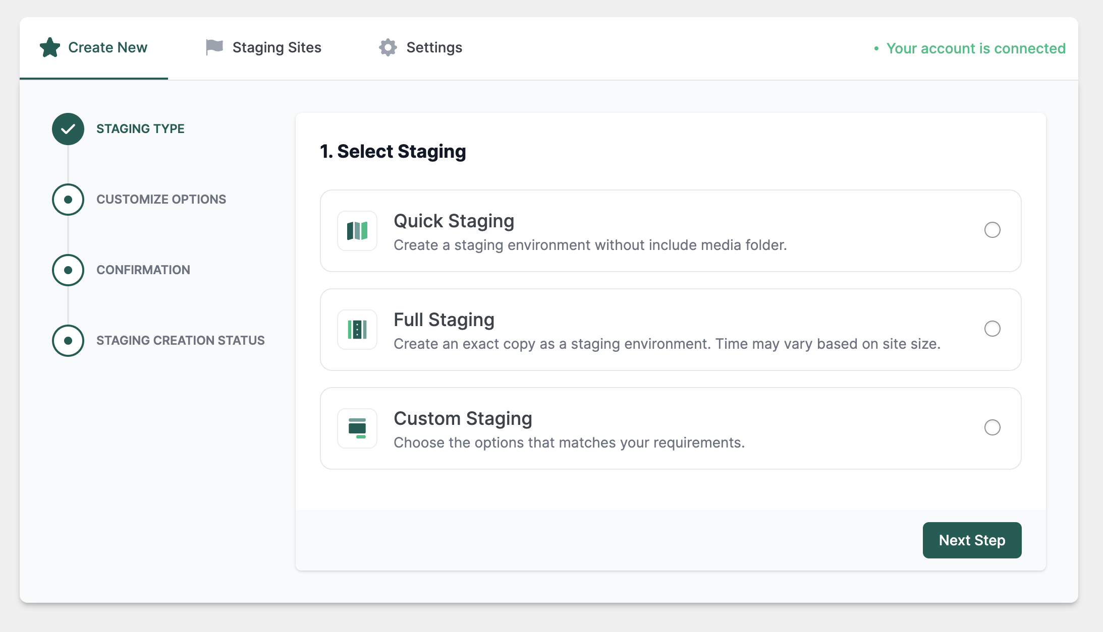 Staging Process - Select Staging Type.